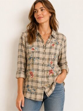 Johnny Was Coastal Cowgirl Made in US Lorie Floral Embroidered Plaid Button Down